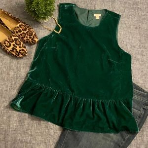 J. Crew green velvet peplum ruffle top